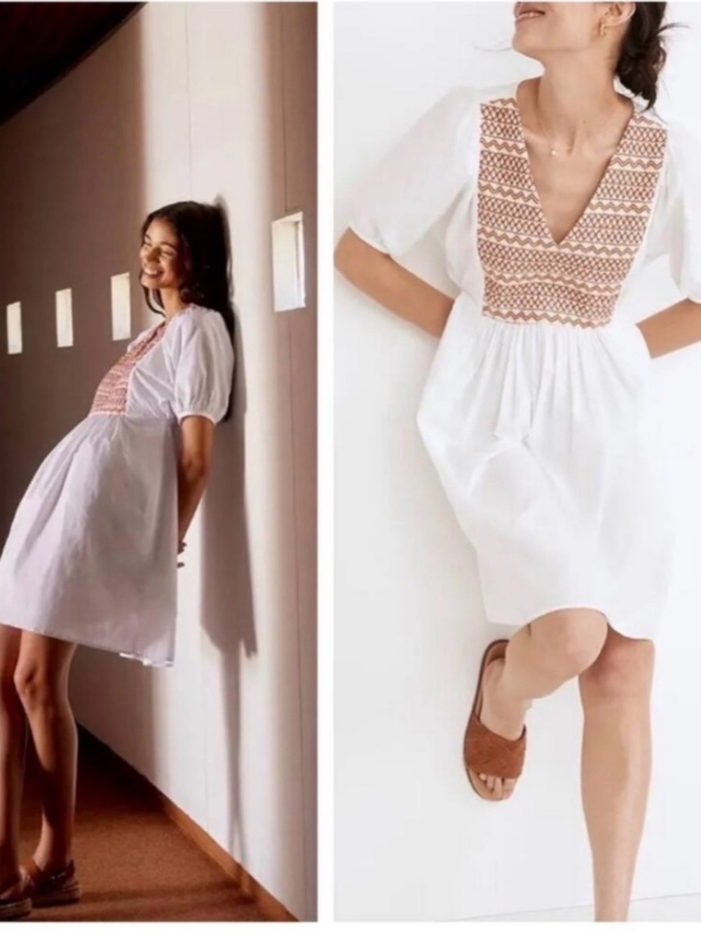 Madewell Embroidered Poplin V-Neck Mini Dress Pockets Puff Sleeve Boho Size XXS